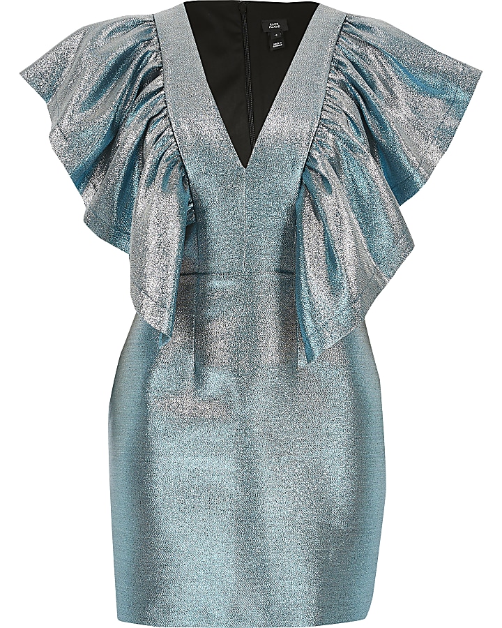 Blue metallic frill V neck mini dress