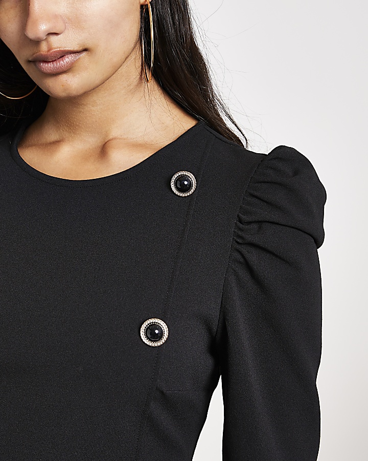 Black button front puff sleeve midi dress