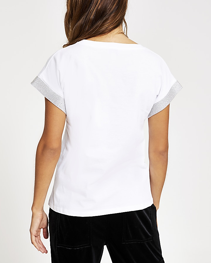 Petite white printed embellished trim T-shirt