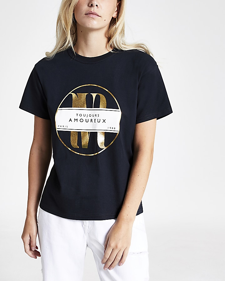 Petite black 'Toujours' foil print T-shirt