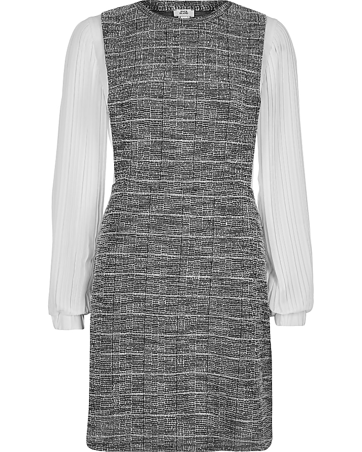 Grey check 2-in-1 pleated long sleeve dress