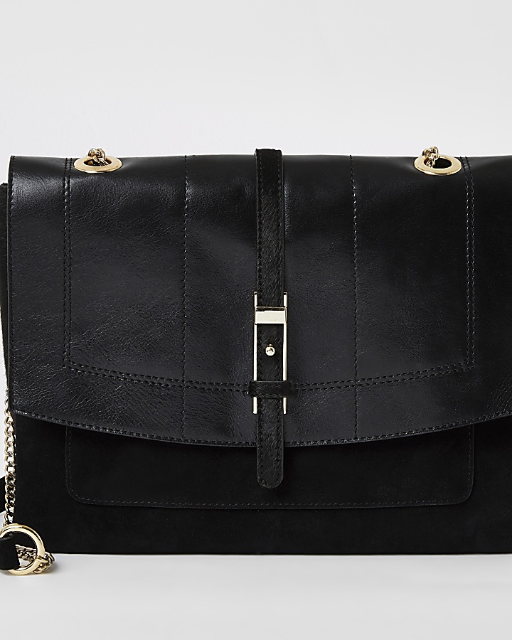 Black leather buckle front cross body bag