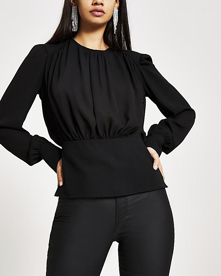 Black ruched trim long sleeve waisted top