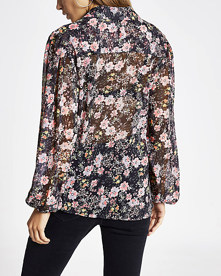 Black floral long sleeve sheer shirt