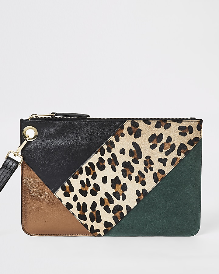 Green leather blocked clutch bag