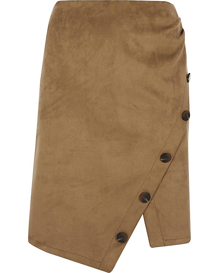 Plus brown suede button front pencil skirt
