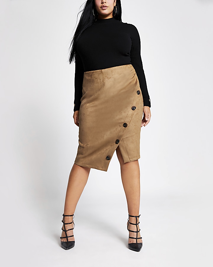 Plus brown suede button front pencil skirt