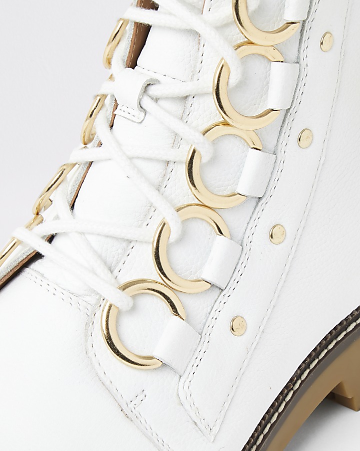 White leather eyelet lace-up wide fit boots