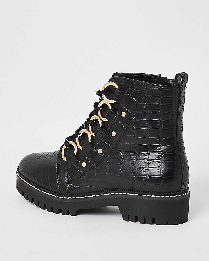 Black leather croc embossed wide fit boots