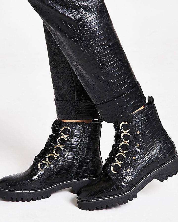 Black leather croc embossed wide fit boots