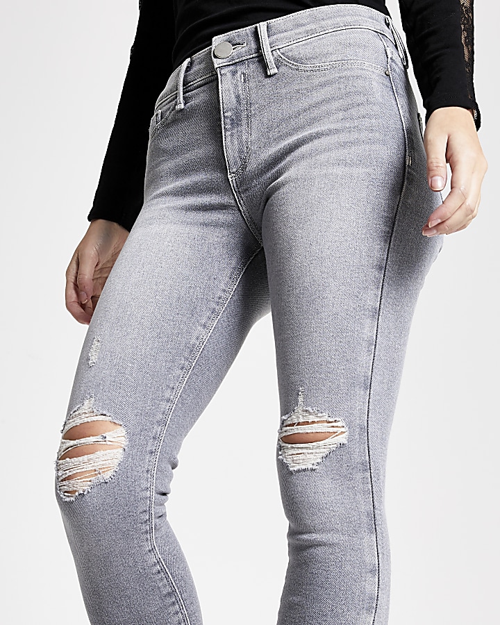 Petite grey ripped Molly mid rise jeggings