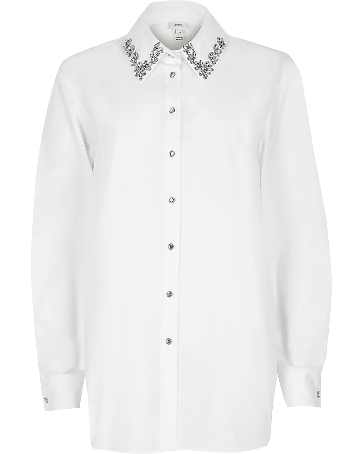 White diamante collar long sleeve shirt