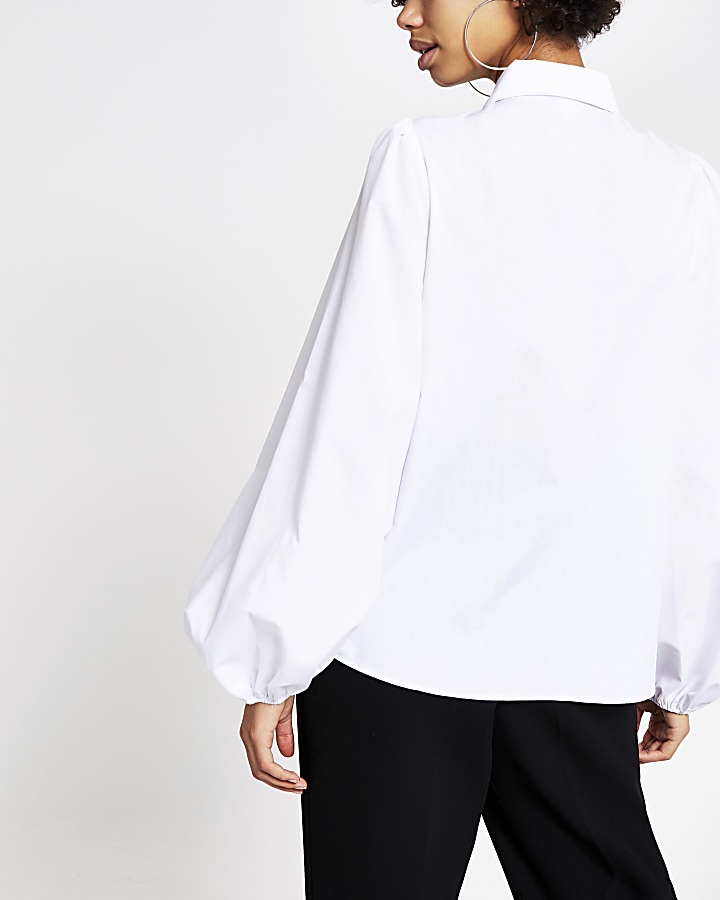White contrast diamante bow collar shirt