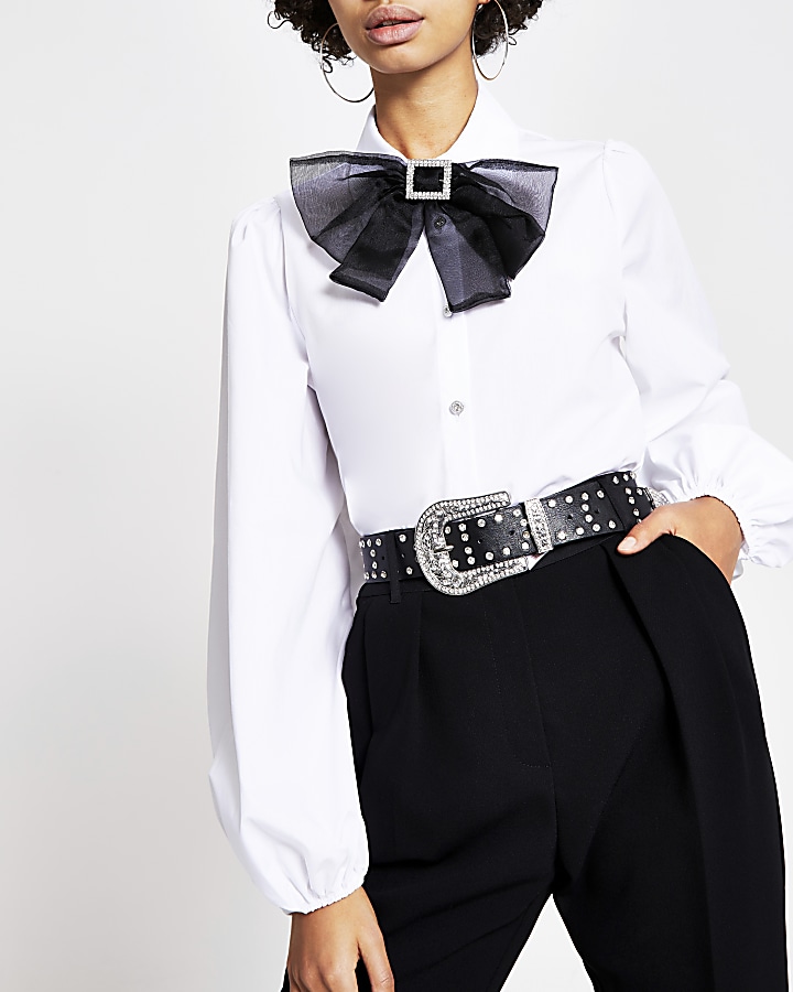 White contrast diamante bow collar shirt