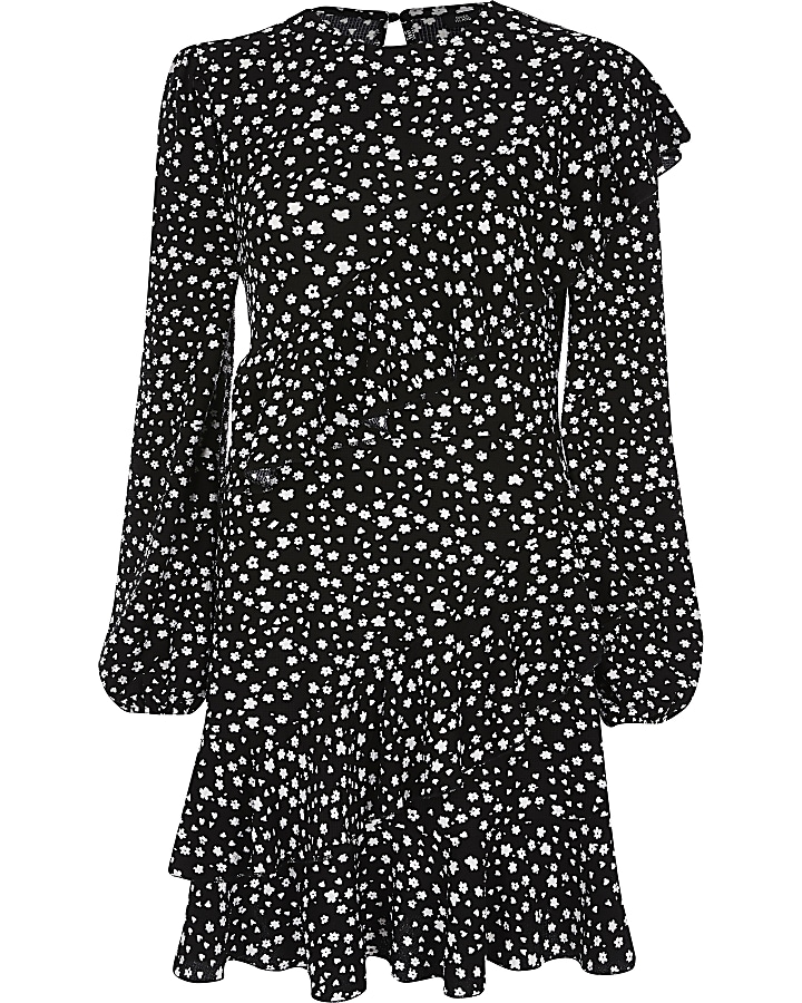 Black print ruffle swing dress