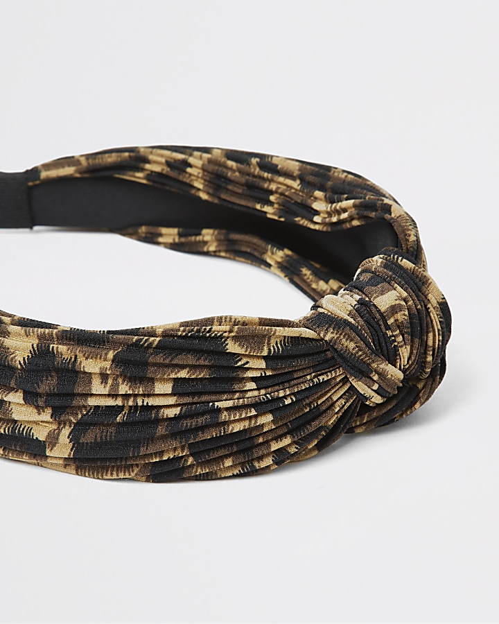 Brown leopard print plisse knot headband
