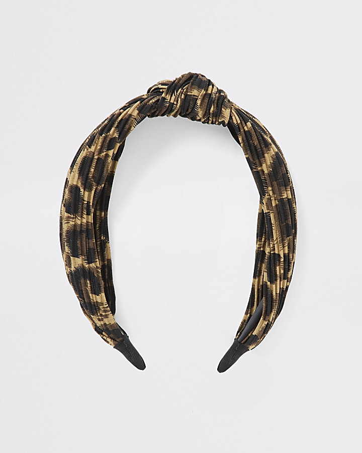 Brown leopard print plisse knot headband