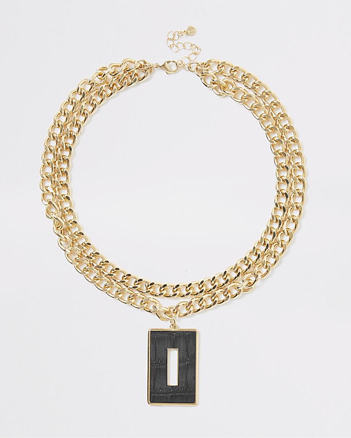 Gold colour croc embossed pendant necklace
