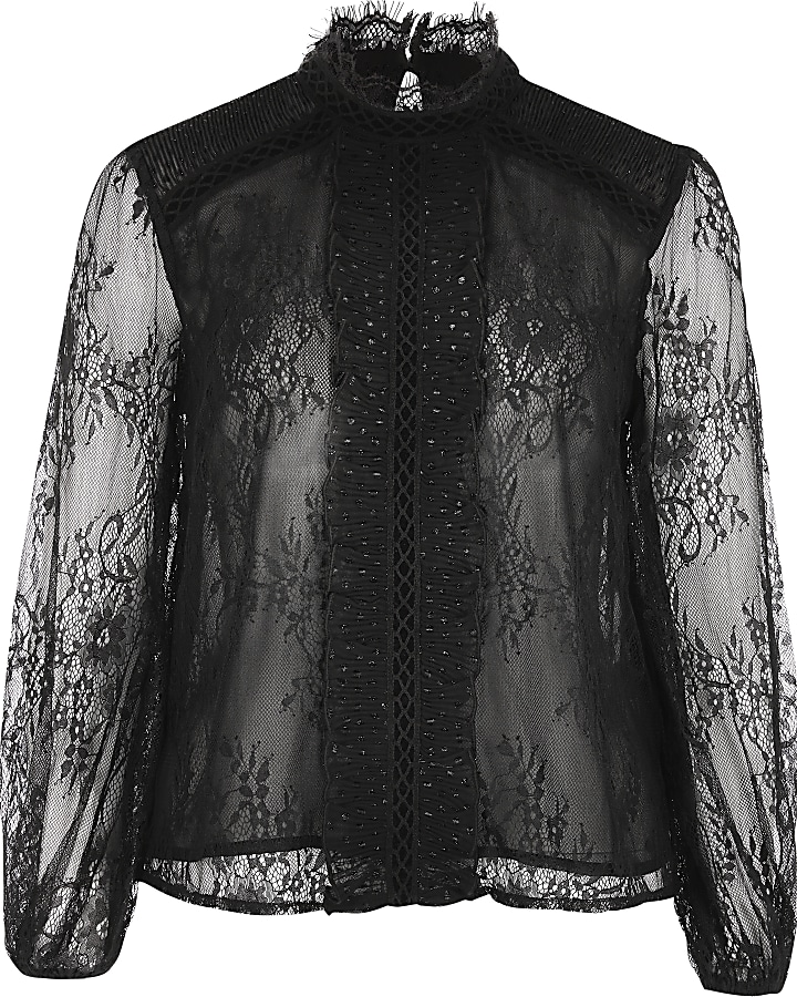Petite black sheer lace long sleeve blouse