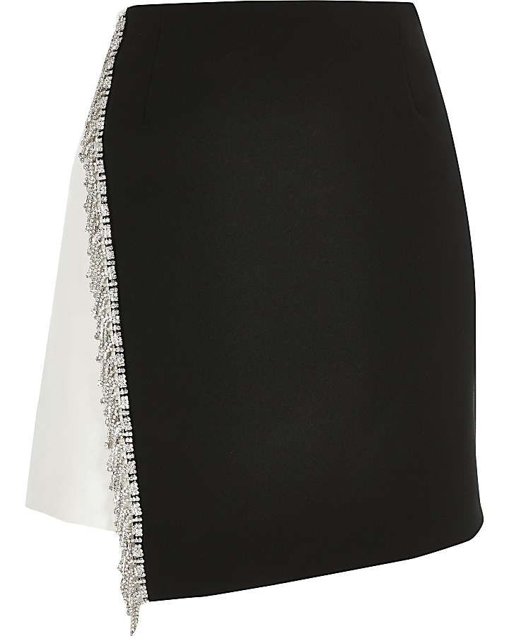 Petite black monochrome diamante mini skirt