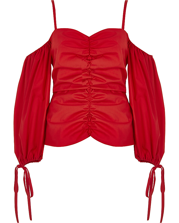 Red puff sleeve ruched bardot top