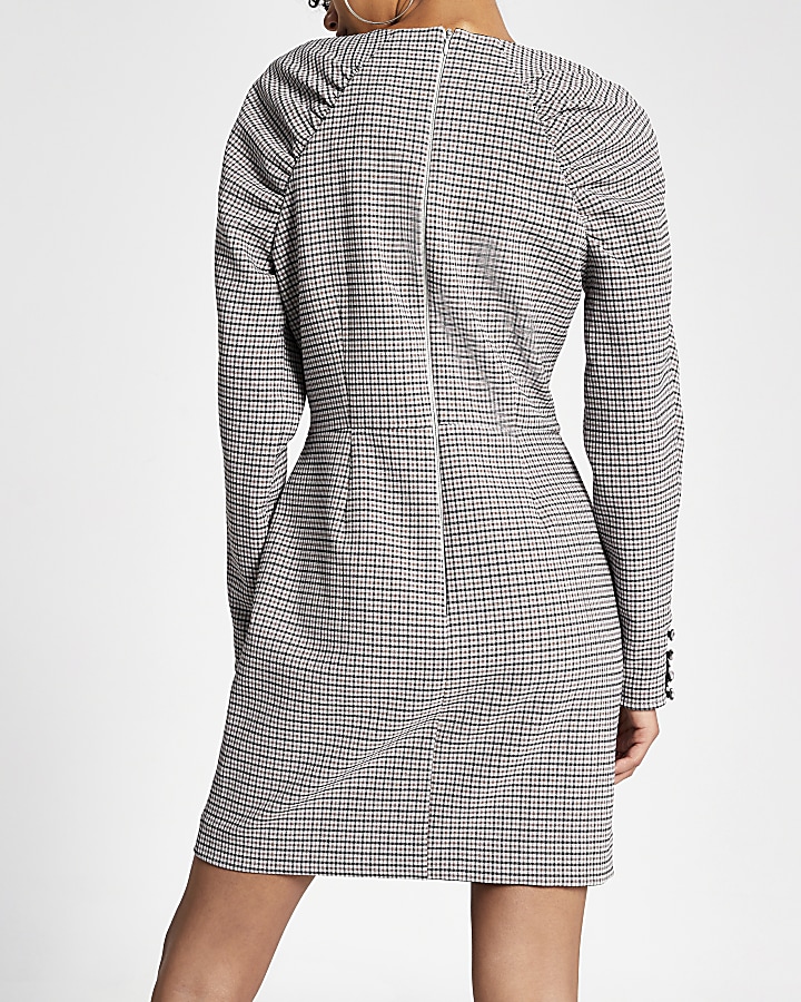 Grey checked ruched shoulder mini dress