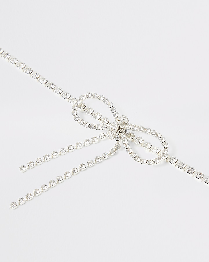 Silver color diamante bow choker necklace