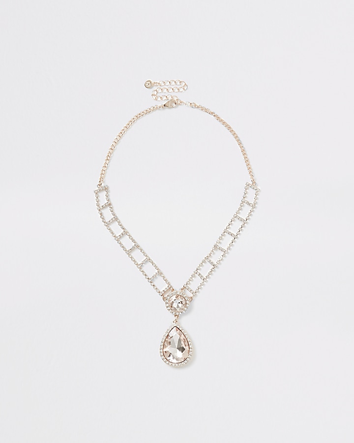 Rose gold colour diamante drop necklace