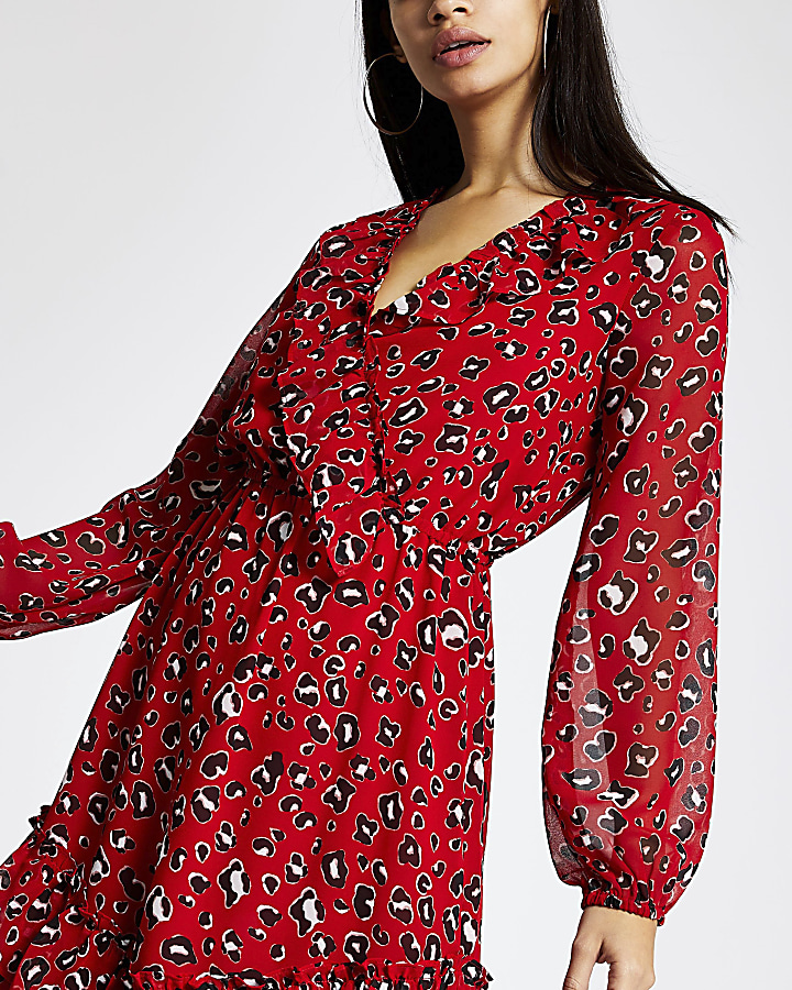 Red leopard print frill wrap dress