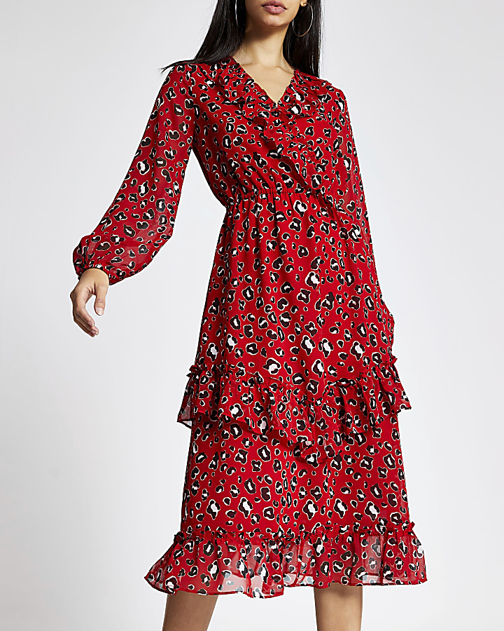 Red leopard print frill wrap dress
