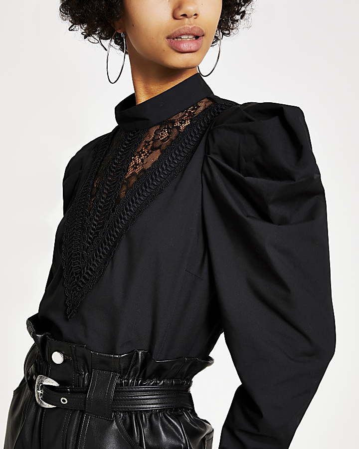 Black lace panel high neck top