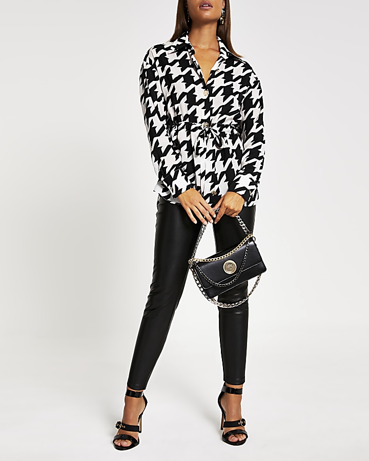 Black houndstooth tie waisted shirt