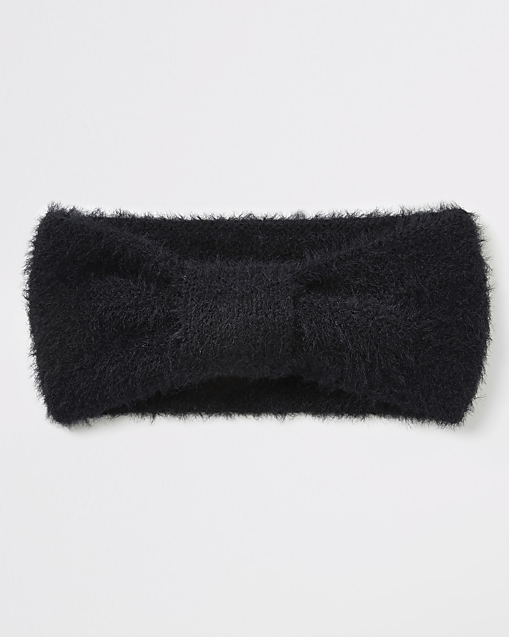 Black bow front fluffy knit headband