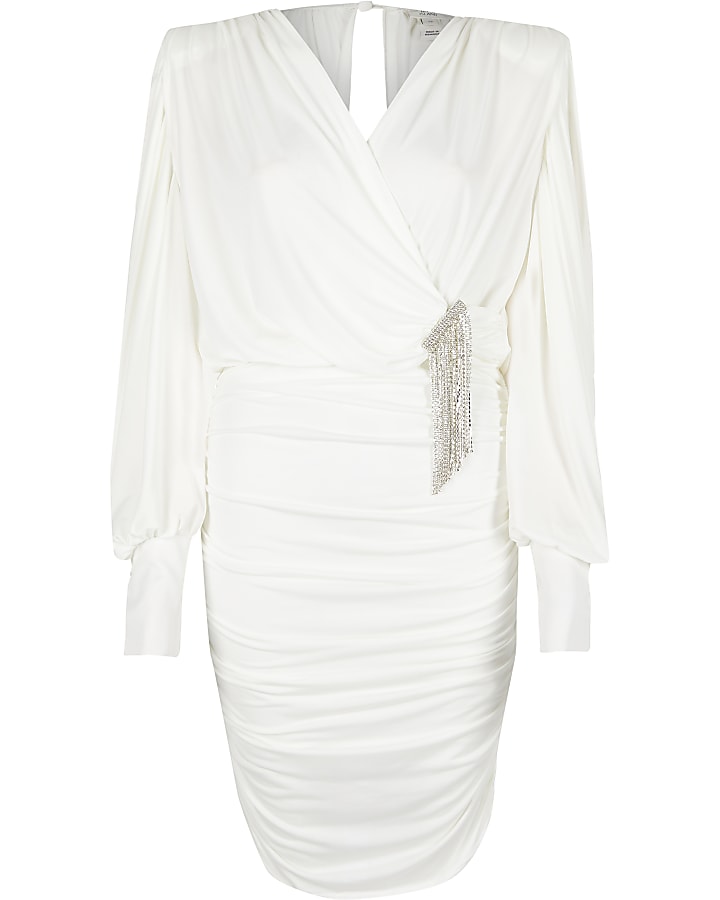 White diamante brooch drape mini dress