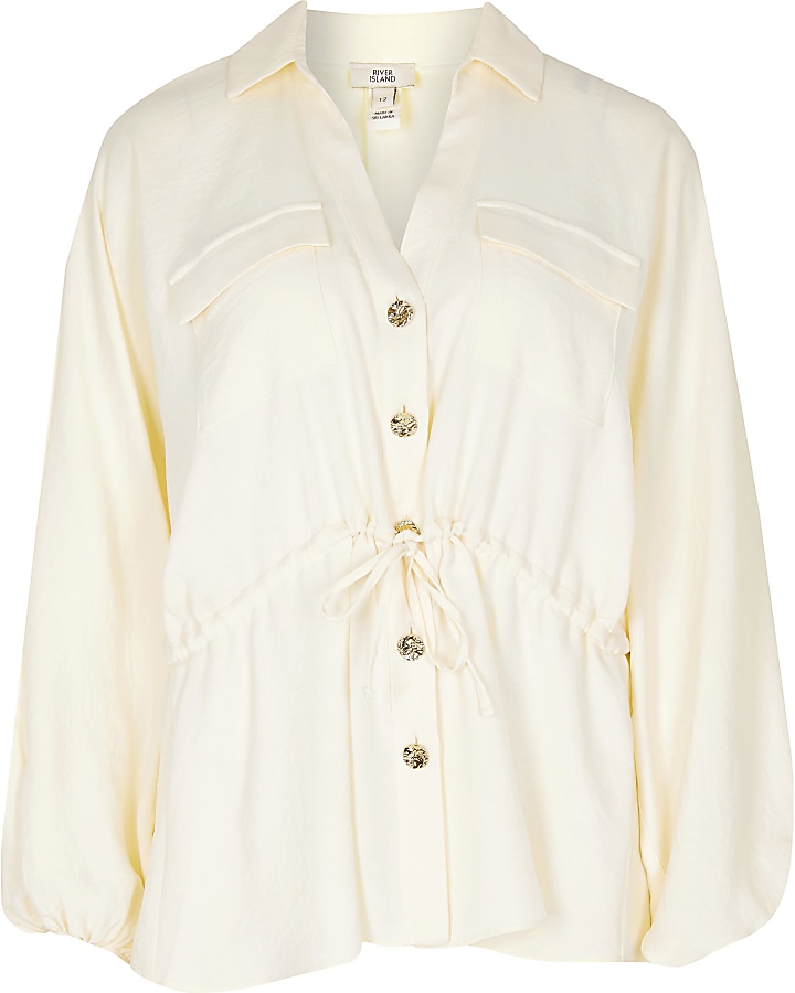 Cream long sleeve drawstring waist shirt