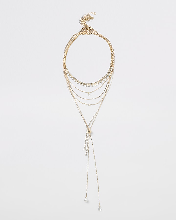 Gold colour diamante pearl layered necklace