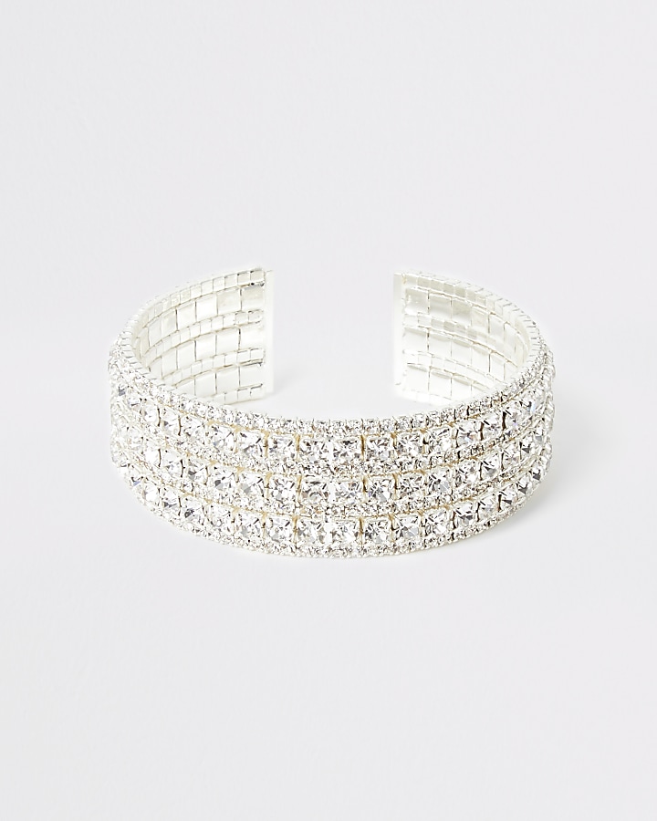 Silver colour diamante cuff bracelet