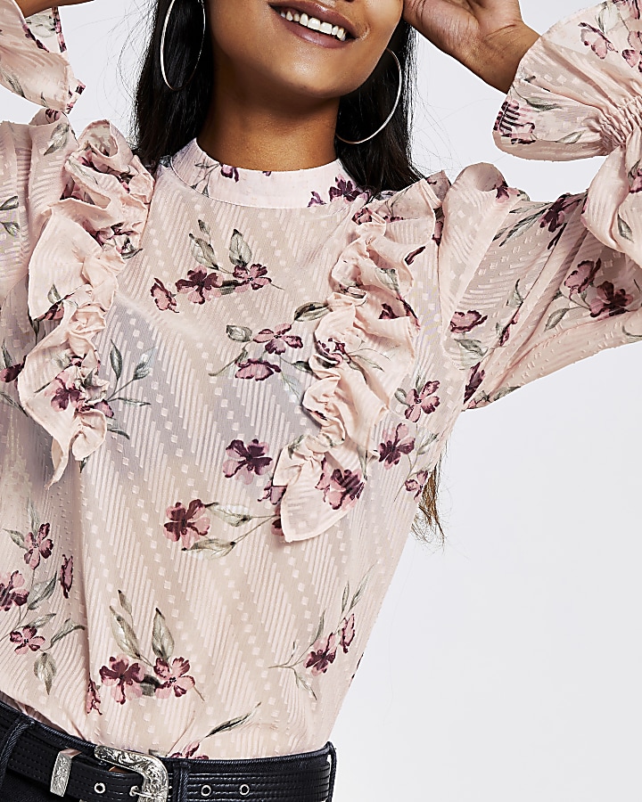 Petite pink floral frill sleeve blouse
