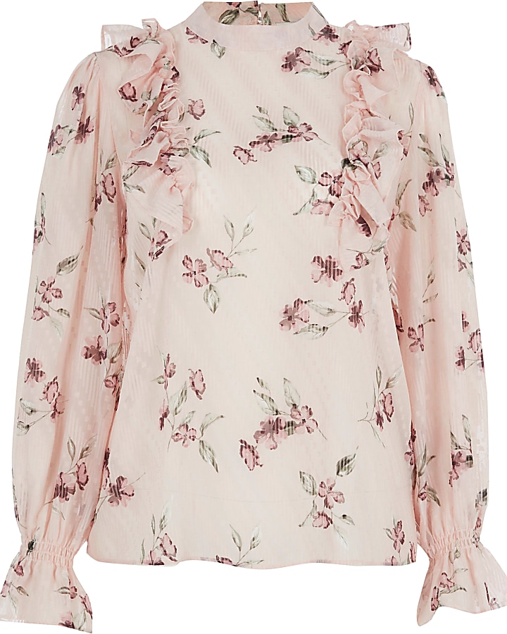 Petite pink floral frill sleeve blouse