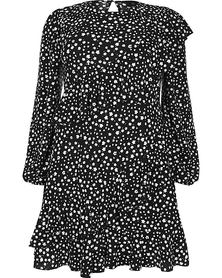 Plus black printed frill mini dress
