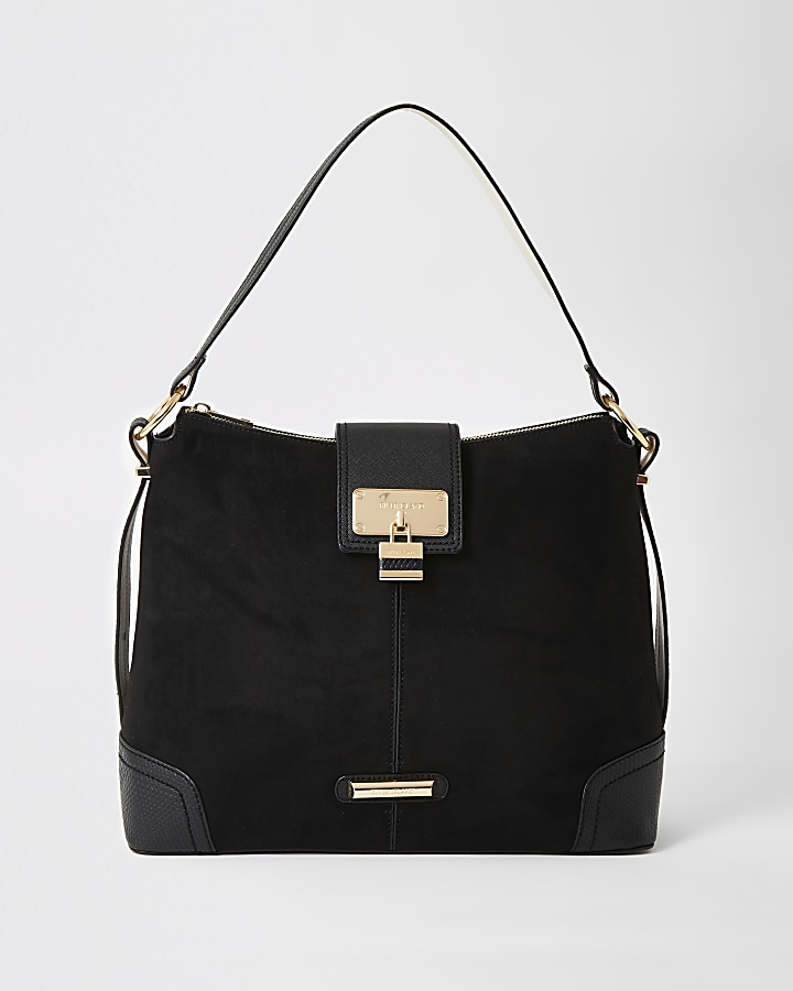Black faux suede lock front slouch Handbag