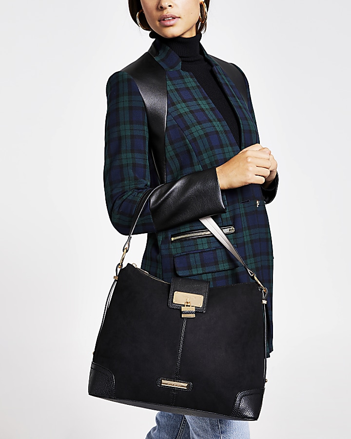 Black faux suede lock front slouch Handbag