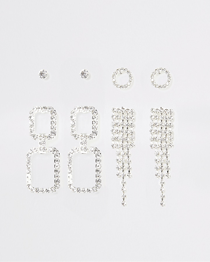 Silver colour diamante tassel earring 4 pack