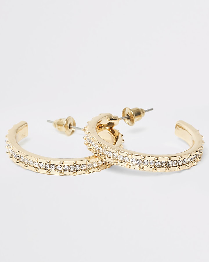 Gold colour textured diamante hoop earrings