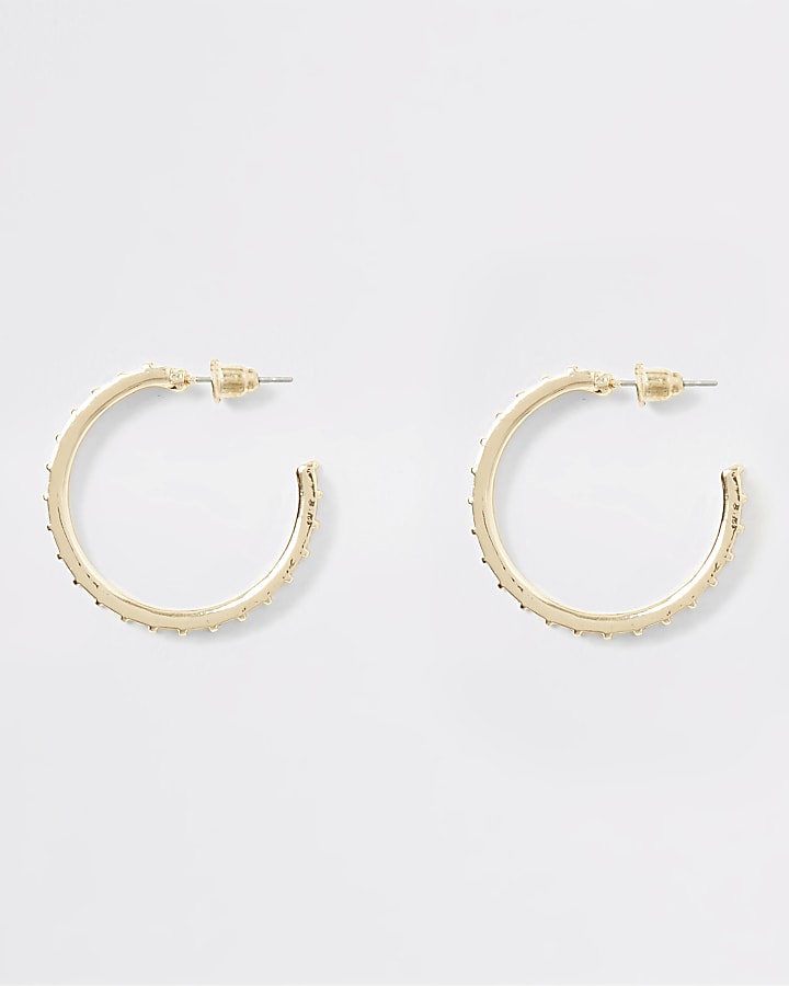 Gold colour textured diamante hoop earrings