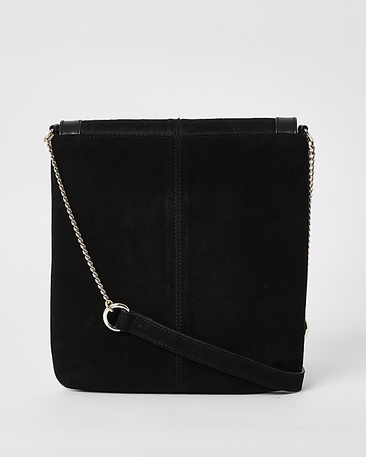 Black leather chain front messenger bag