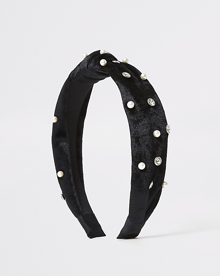 Black velvet faux pearl embellished headband