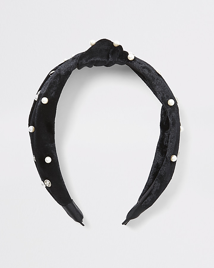Black velvet faux pearl embellished headband