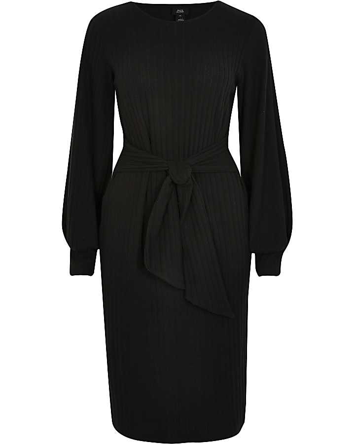 Black tie front long sleeve ribbed dress