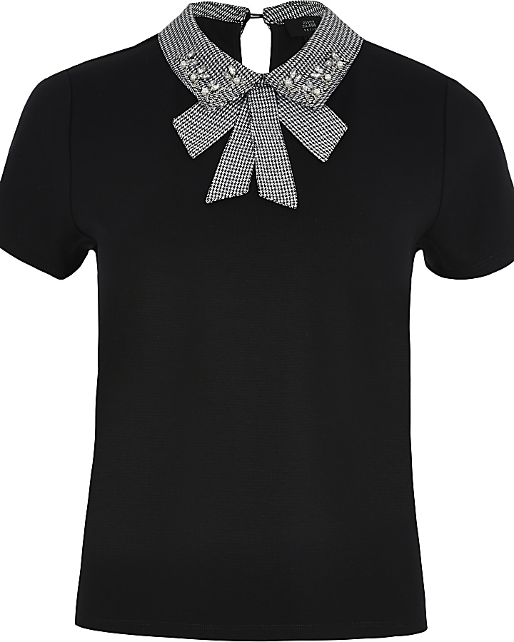 Black houndstooth embellished collar T-shirt